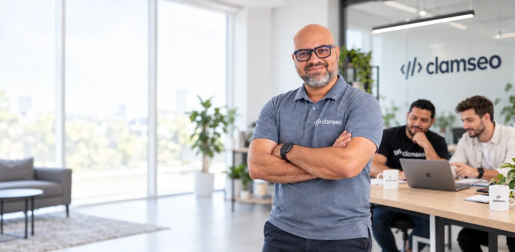 Carlos Luis Aranguren Martínez, fundador de CLAMSEO, con parte del equipo trabajando detrás